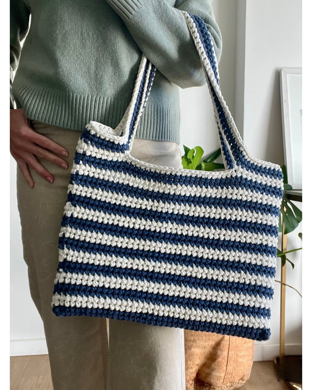 Navy & Cream Stripe Tote Bag. Ideal for shopping, lunch dates, or strolling through the city, its versatile design makes it a year-round must-have.