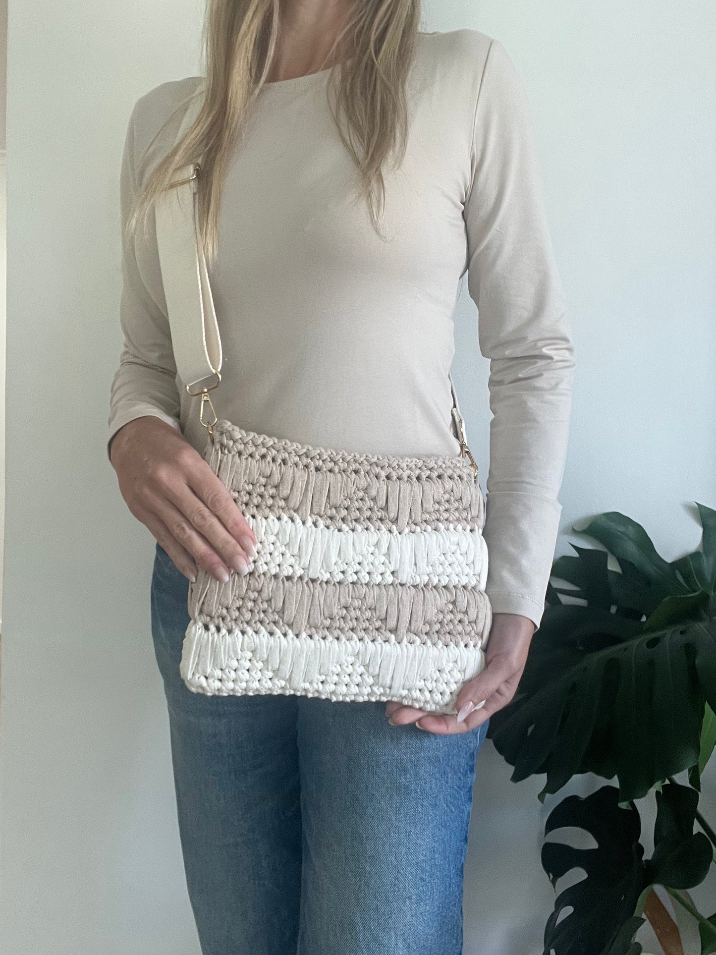 Textured Beige & Cream Pyramid Design Clutch Bag with attachable Crossbody Strap Your stylish, hands free solution to keeping all your essentials by your side.