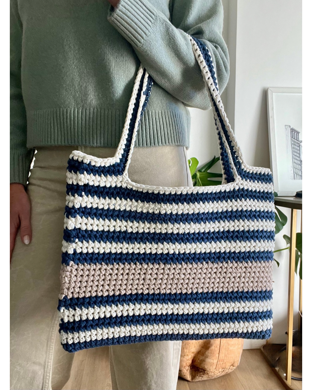 Navy & Cream Stripes with Beige Tote Bag Tote Bag. Crocheted using eco-friendly yarns, this bag is as light on your shoulders as it is on the planet.