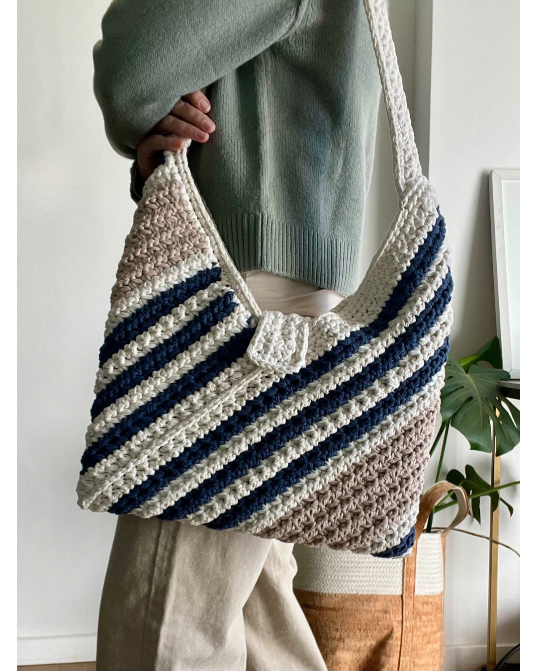 Navy, Cream & Beige textured tote bag. Perfect shopping, lunch dates, or strolling through the city, its versatile design makes it a year-round must-have.
